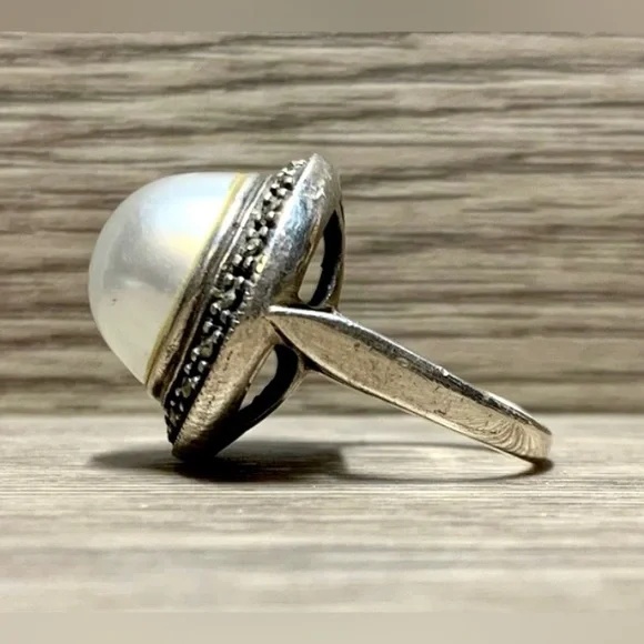 Vintage Handmade Sterling Silver Marcasite & Pearl Cocktail Ring, Size 6.5